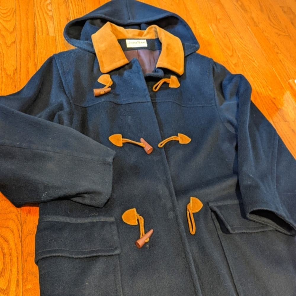 Blue and tan women's Johnathan Michael suede and wool hooded mid-length jacket.